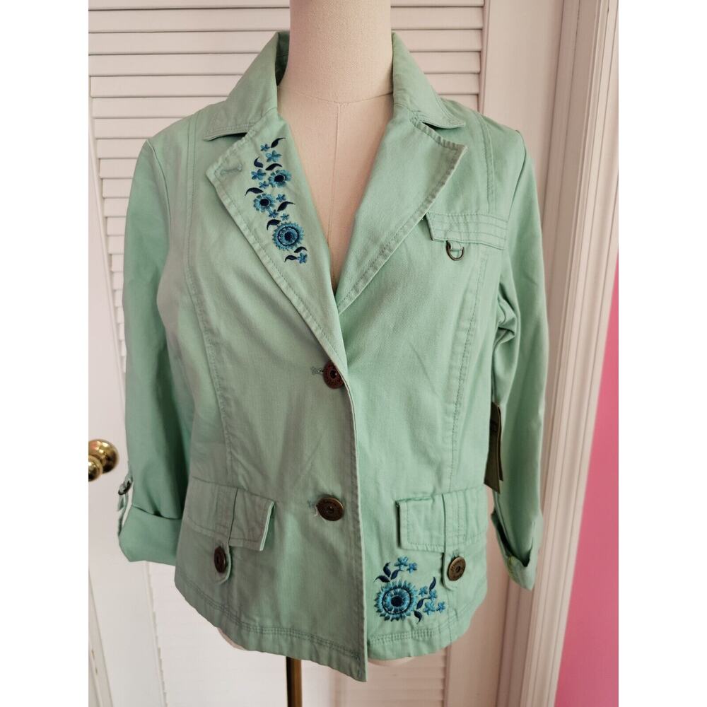 NWT Ruff Hewn Spring Green Lightweight Denim Jacket Embroidered Floral‎ Medium M